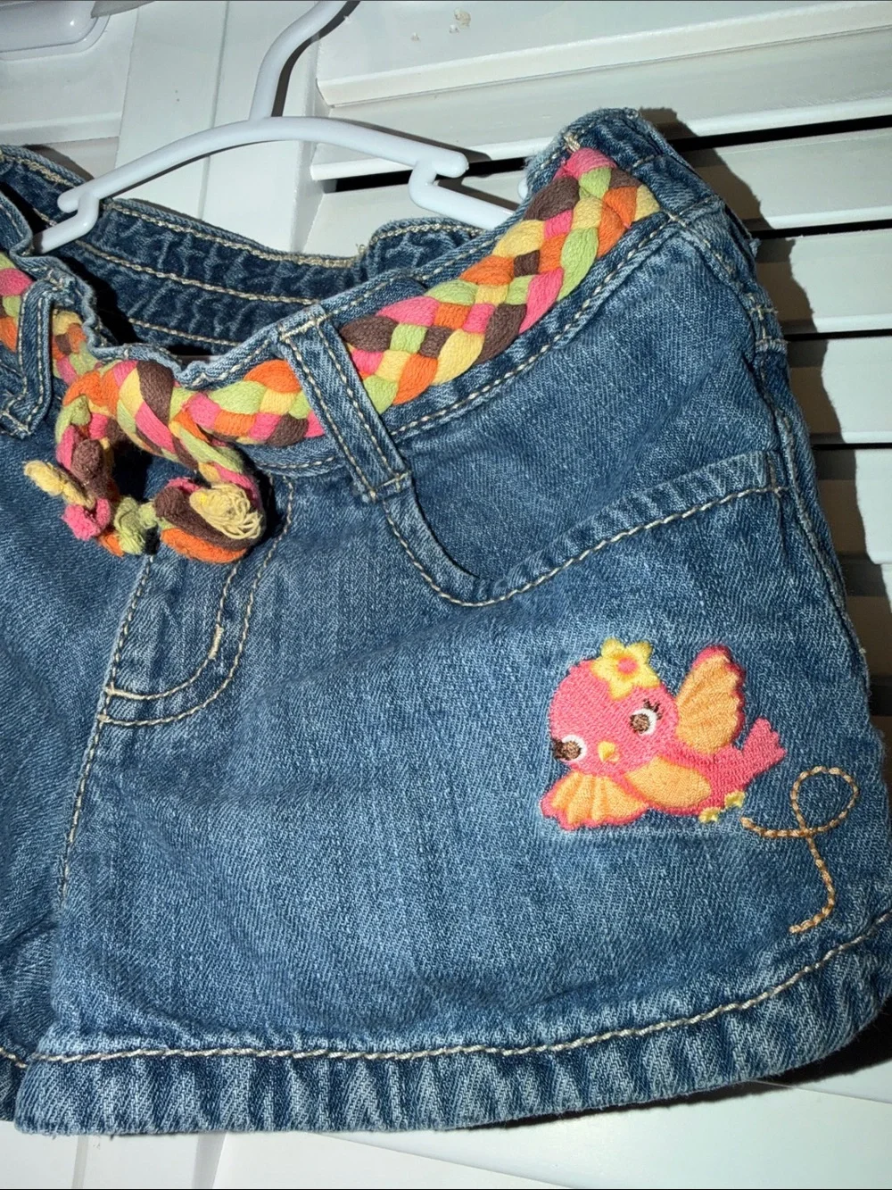 Gymboree Blue Denim Shorts with Multicolor Braided Belt & Embroidered Bird